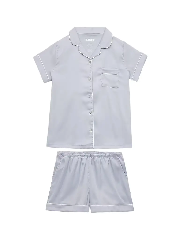 KatieJ NYC Girl's Olivia Satin Lounge Shirt & Shorts Set - Baby Blue And White