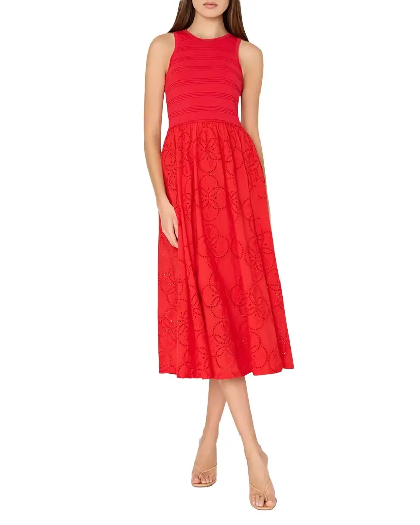 Milly Eyelet-Embroidered Mixed Media Midi Dress