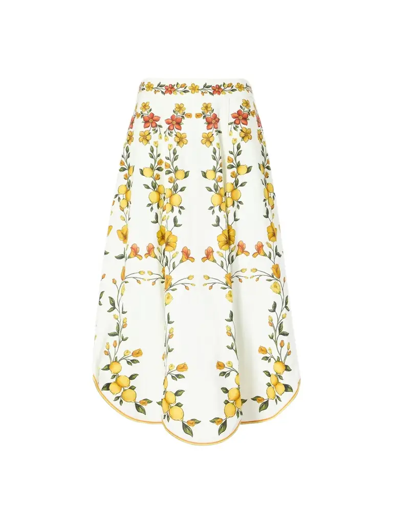 Farm Rio Lemon Bouquet Printed Linen-blend Midi Skirt