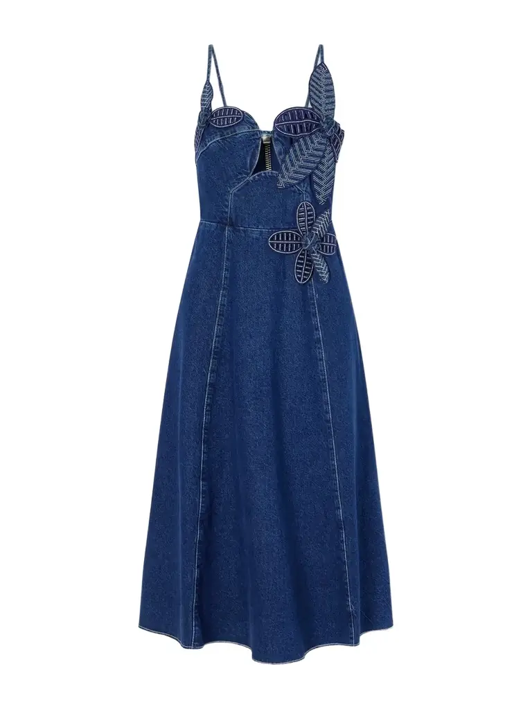 Farm Rio Floral-appliquéd Denim Midi Dress