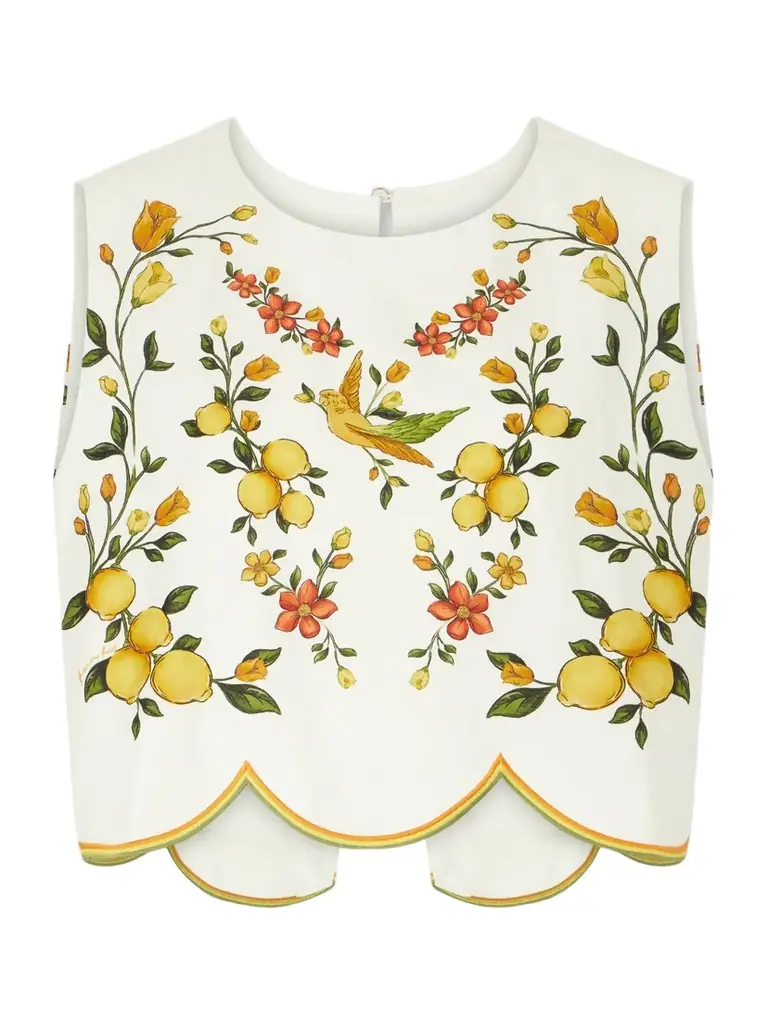 Farm Rio Lemon Bouquet Embroidered Linen-blend Blouse