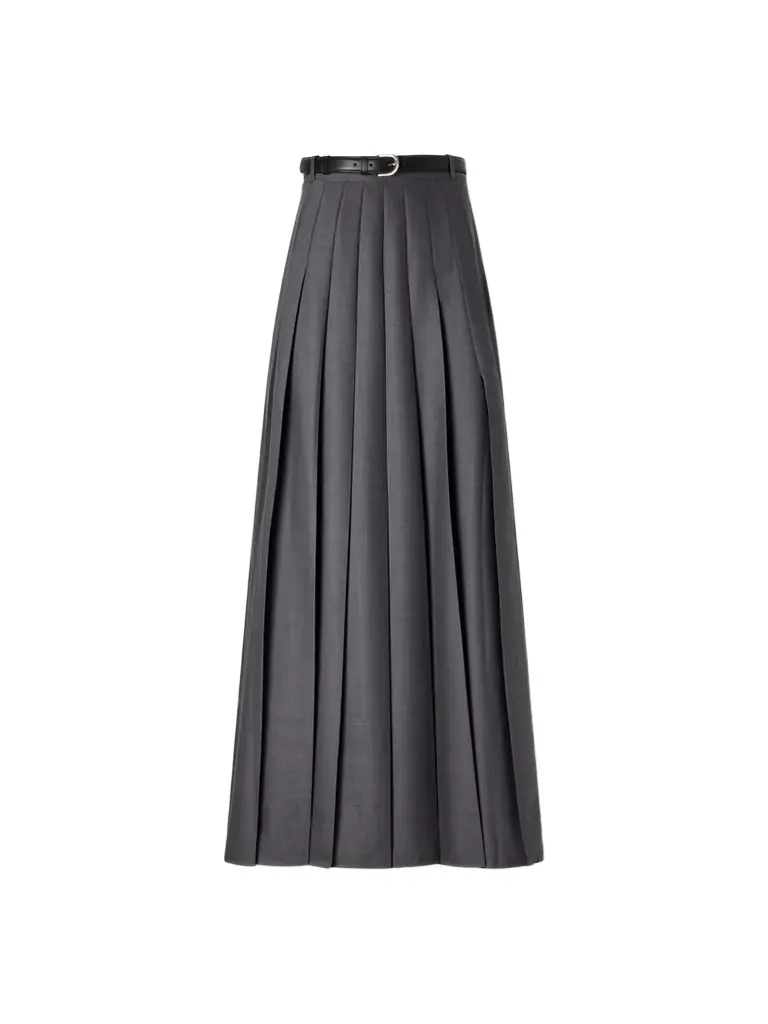 Self-Portrait Belted Pleated Woven Grain De Poudre Maxi Skirt