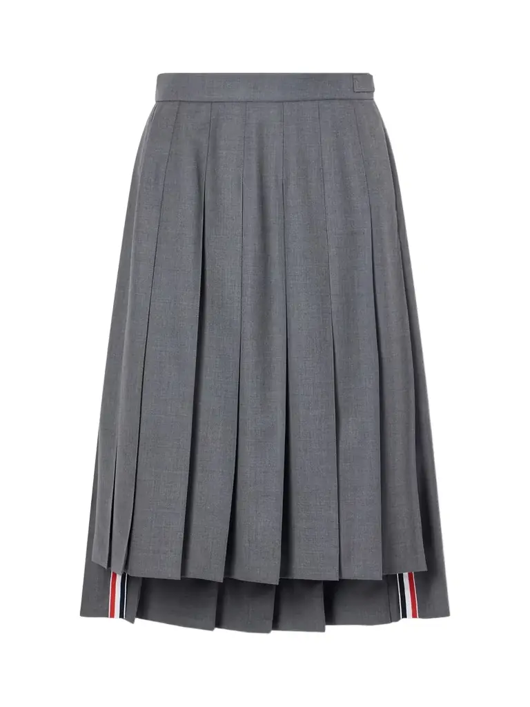 Thom Browne Asymmetric Grosgrain-trimmed Pleated Wool Midi Skirt