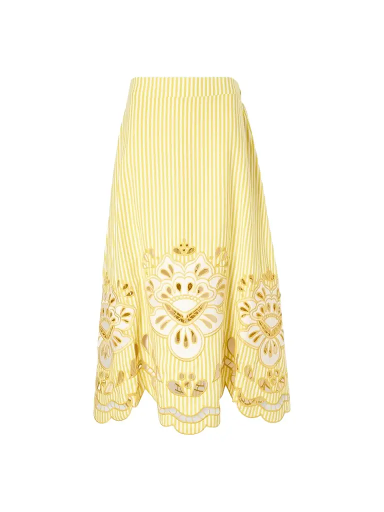 Farm Rio Striped Broderie Anglaise-trimmed Linen-blend Midi Skirt