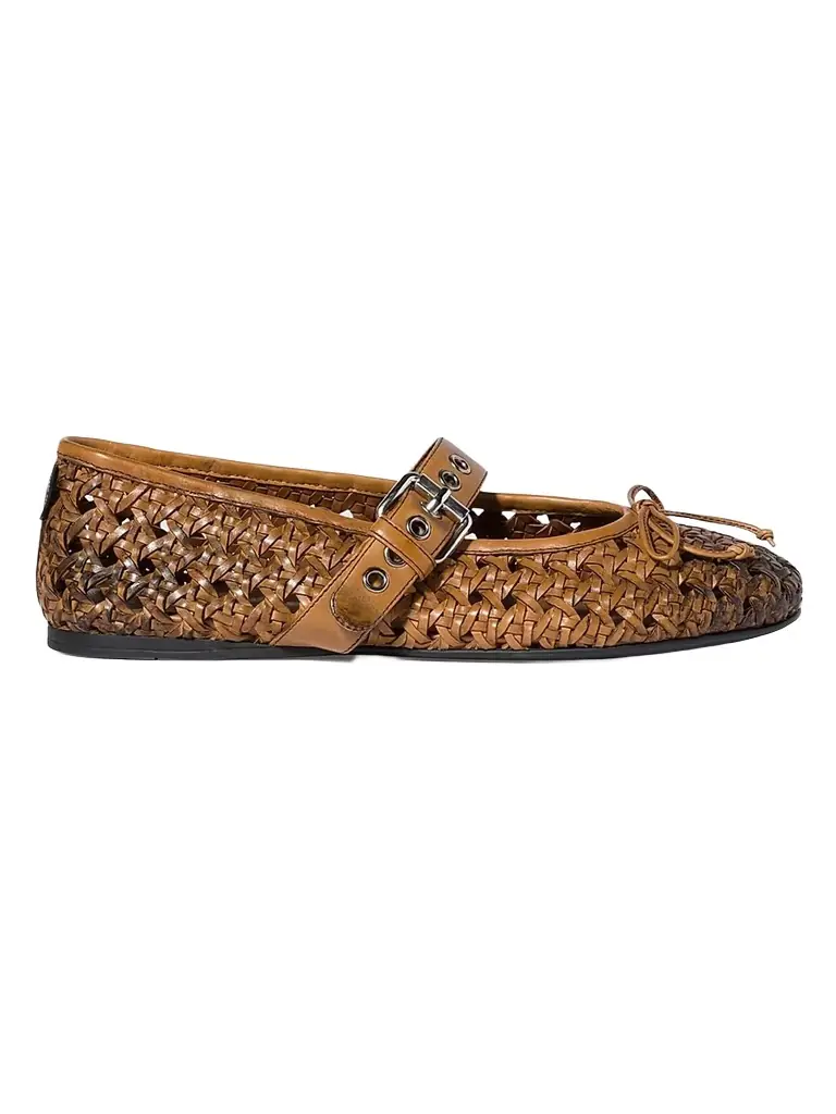 Miu Miu Women's Woven Leather Ballerinas with Strap and Buckle - Brown - Women's Clothing