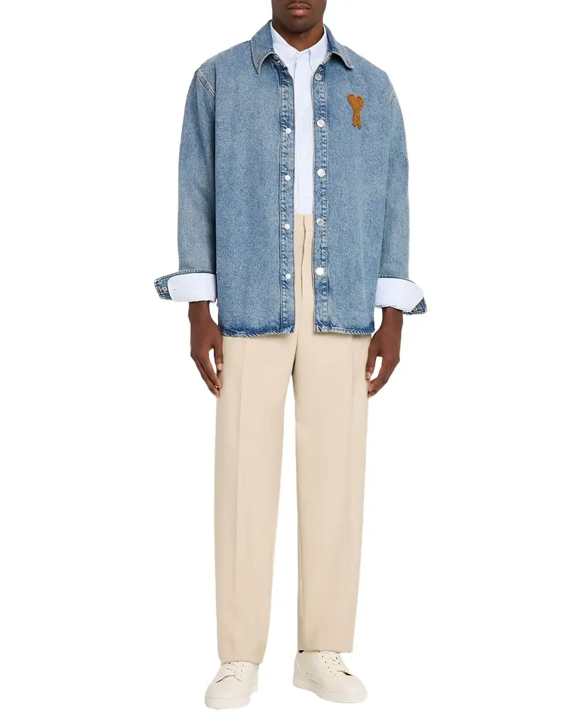 Ami Paris Men 's Denim Overshirt with Crochet Ami de Coeur