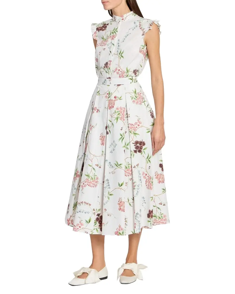 Erdem Floral Print Pleated Cotton Poplin Midi Skirt