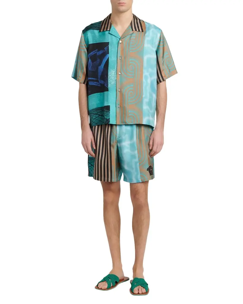 Versace Men 's Floating Abstract Silk Twill Pull-On Shorts