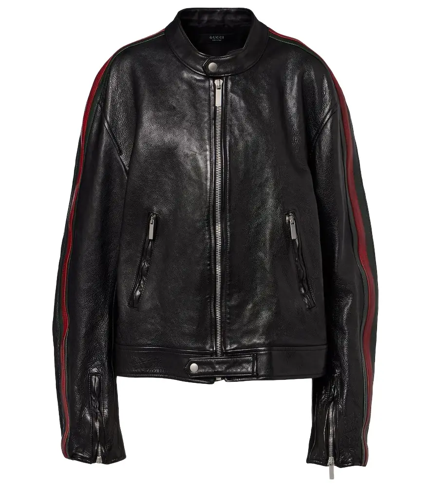 Gucci Web Stripe leather biker jacket