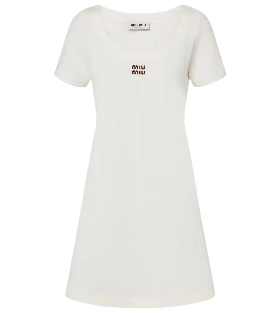 Miu Miu Leather-trimmed cotton jersey minidress