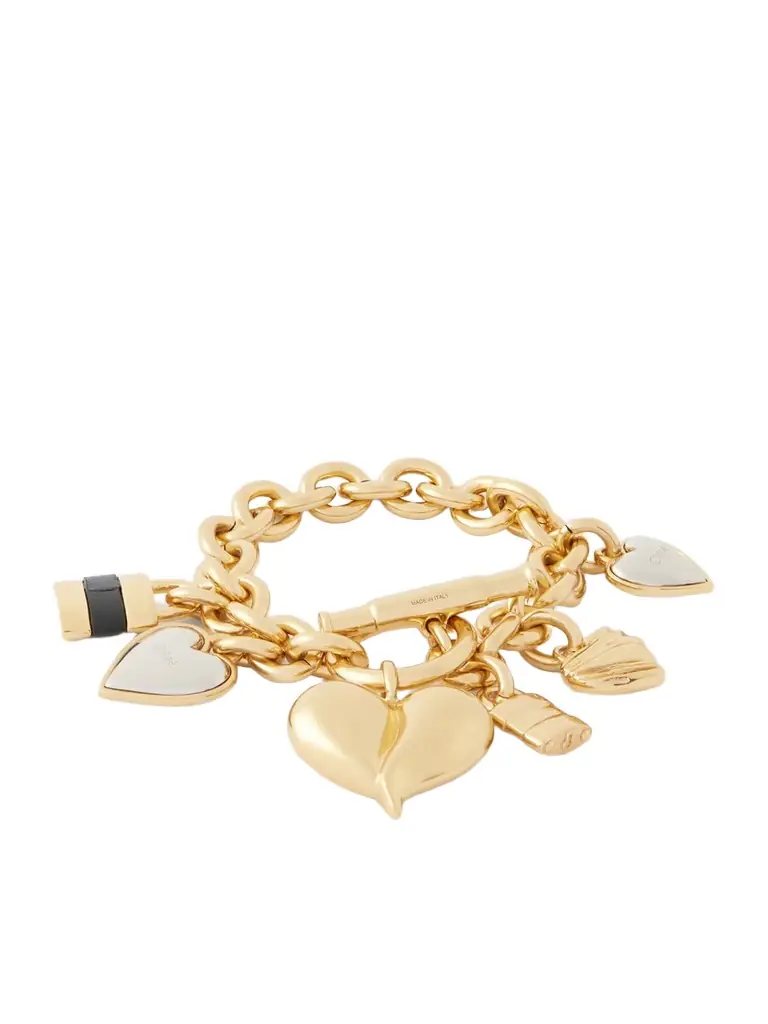 Chloé Logo-detailed Leather-trimmed Gold And Silver-tone Charm Bracelet
