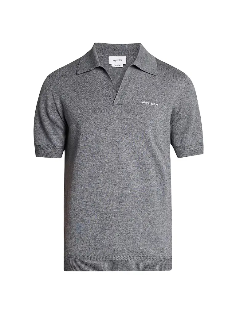 McQueen Men's Embroidered Wool Polo Shirt - Grey
