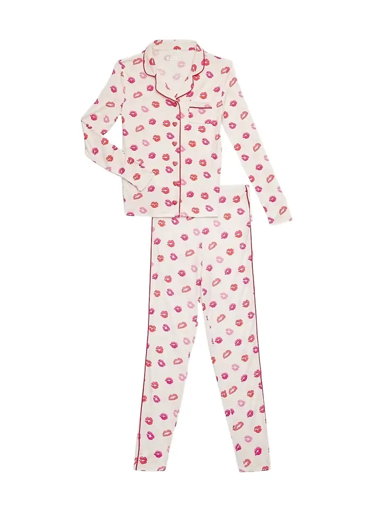 KatieJ NYC Girl's Maia Lip-Print Pajama Set - Lip White
