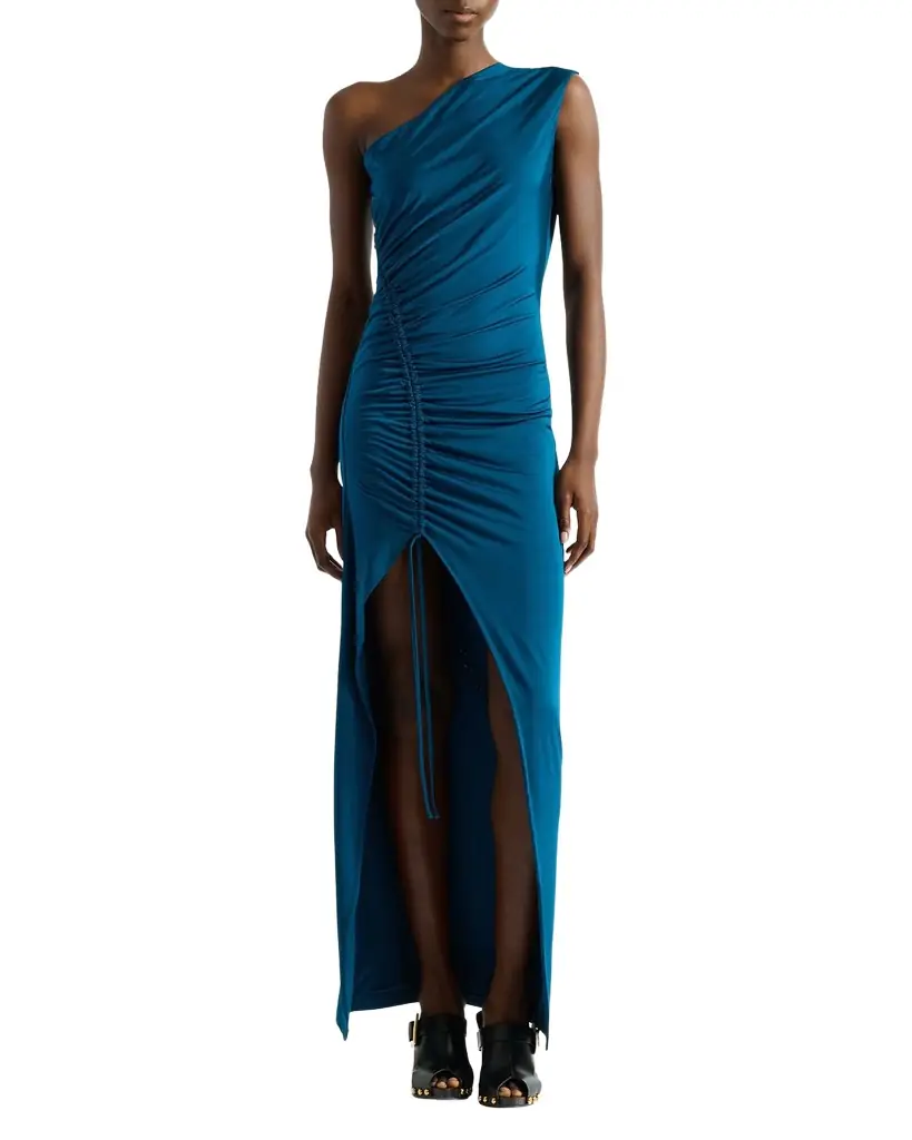 Balmain One Shoulder Fluid Jersey Ruched Gown