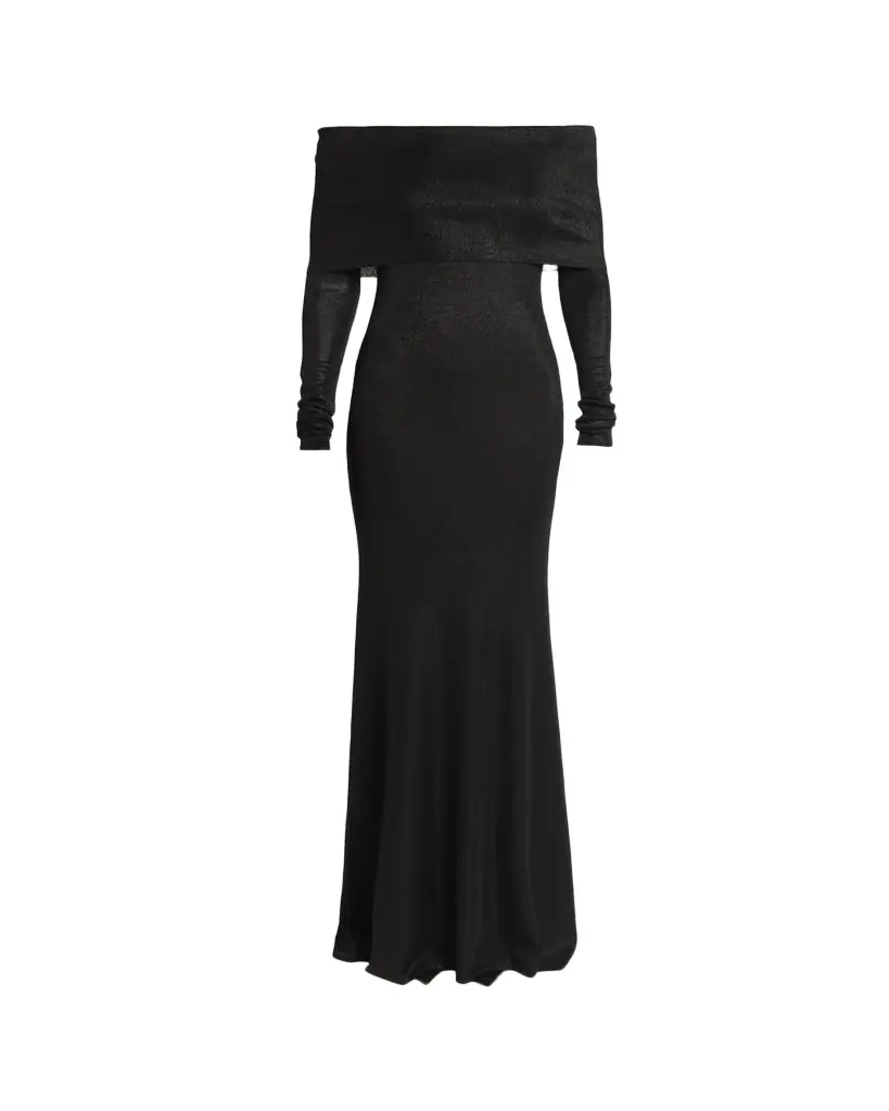 Balenciaga Metallic Rib Off-The-Shoulder Maxi Dress