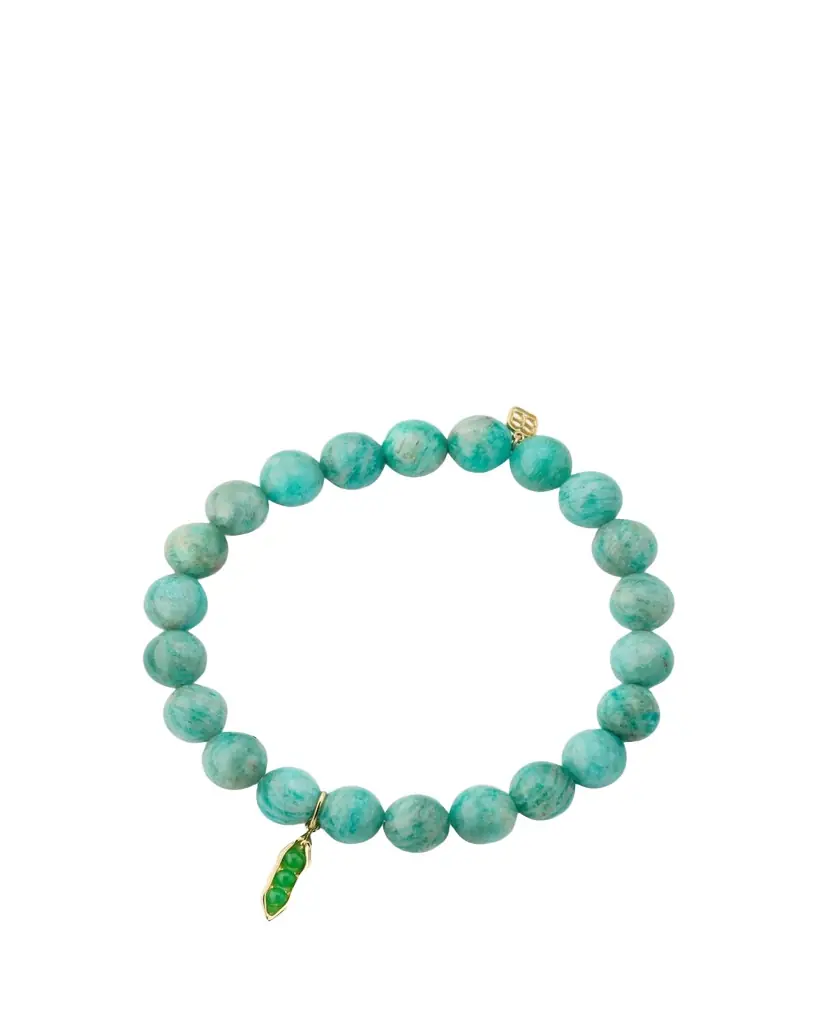 Sydney Evan 14K Green Jade Pea Pod Charm on Amazonite Stretch Bracelet