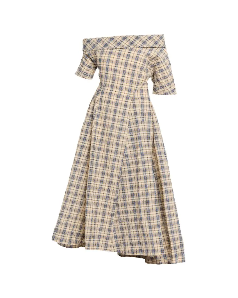 BERNADETTE Bowery Off-The-Shoulder Check Seersucker Asymmetric Dress