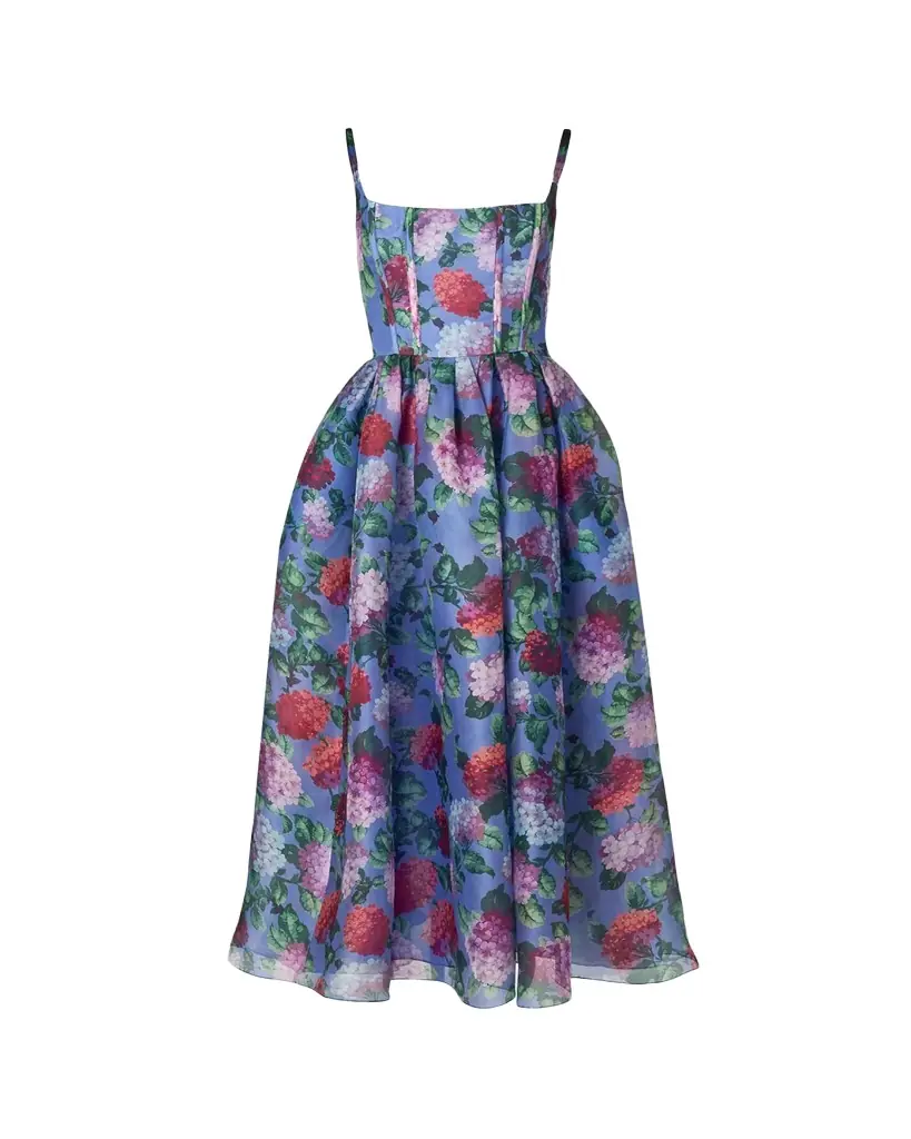 Carolina Herrera Hydrangea-Print Silk Organza Fit-and-Flare Midi Dress