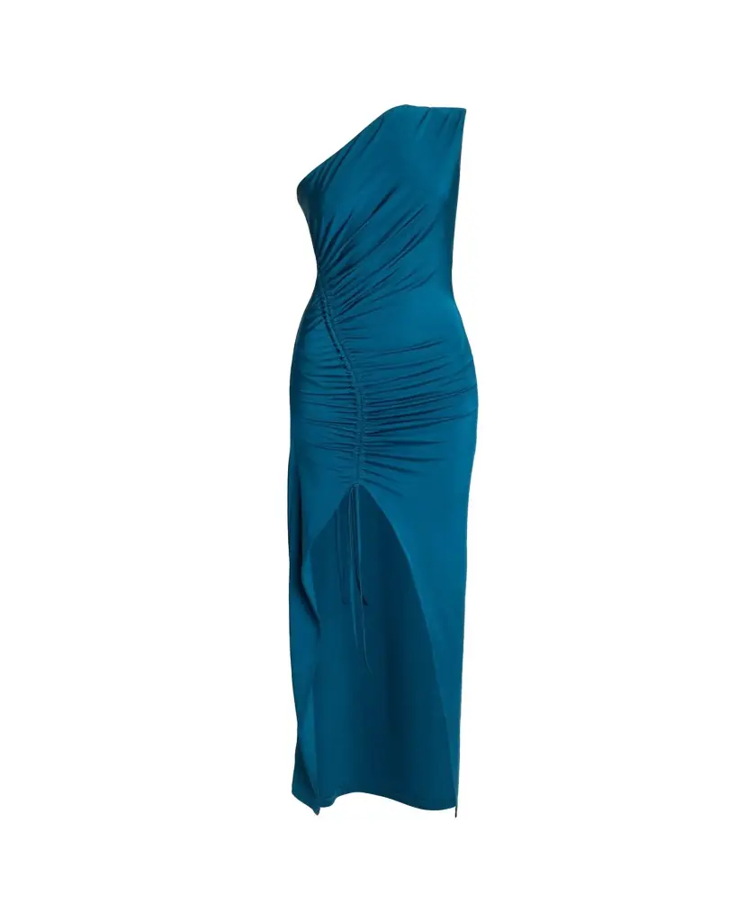 Balmain One Shoulder Fluid Jersey Ruched Gown