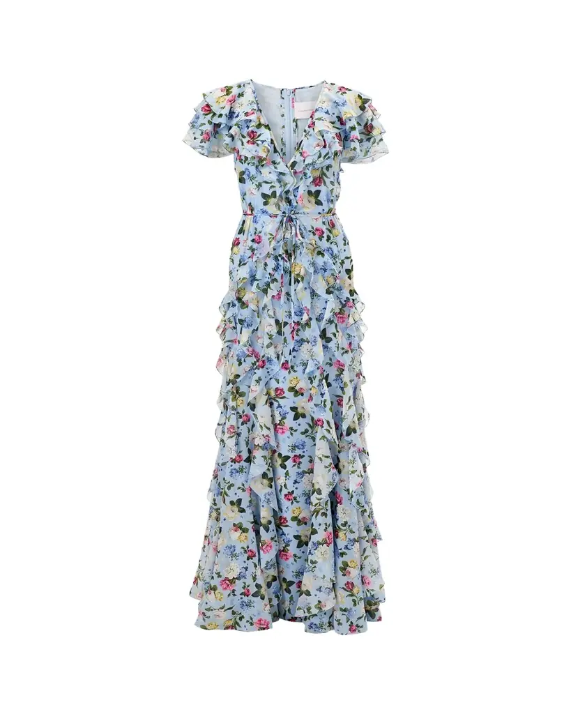 Carolina Herrera Floral Ruffle Chiffon Short-Sleeve Maxi Dress