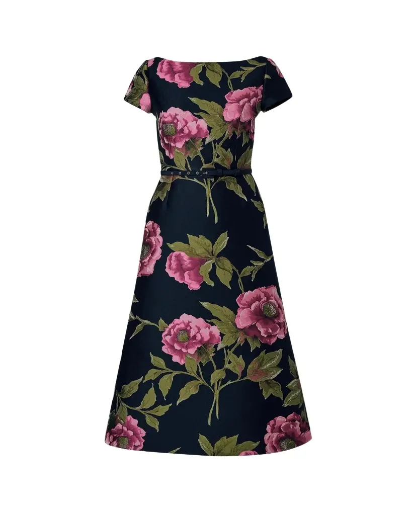 Carolina Herrera Metallic Floral Jacquard Short-Sleeve Belted Midi Dress