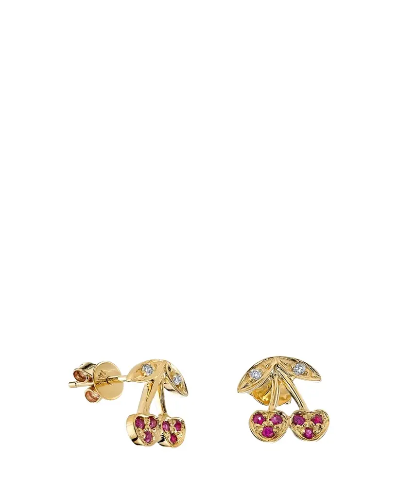 Sydney Evan 14K Diamond and Ruby Cherry Stud Earrings