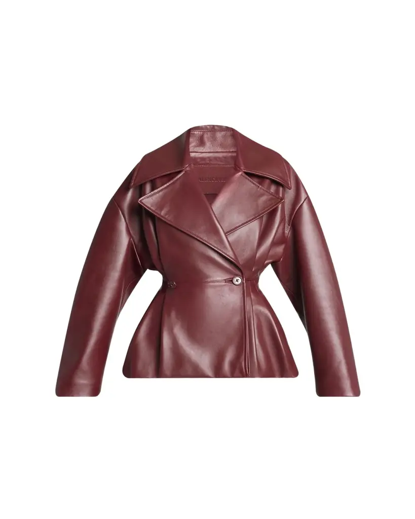 Balenciaga Pleated Leather Short Peplum Trench Coat