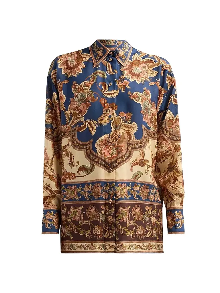 Zimmermann Women's Aster Floral Longline Silk Shirt - Navy Jacobean - Women's Clothing