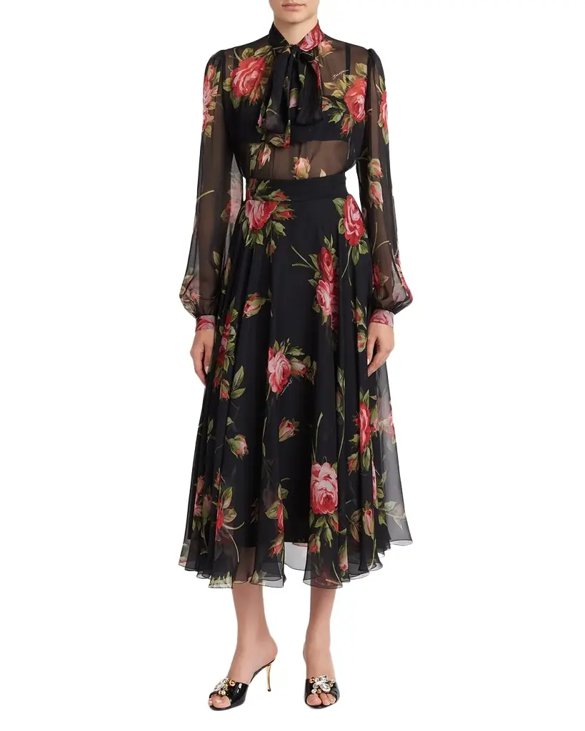 Dolce & Gabbana Rose Bouquet-Print Silk Chiffon Neck-Tie Blouse