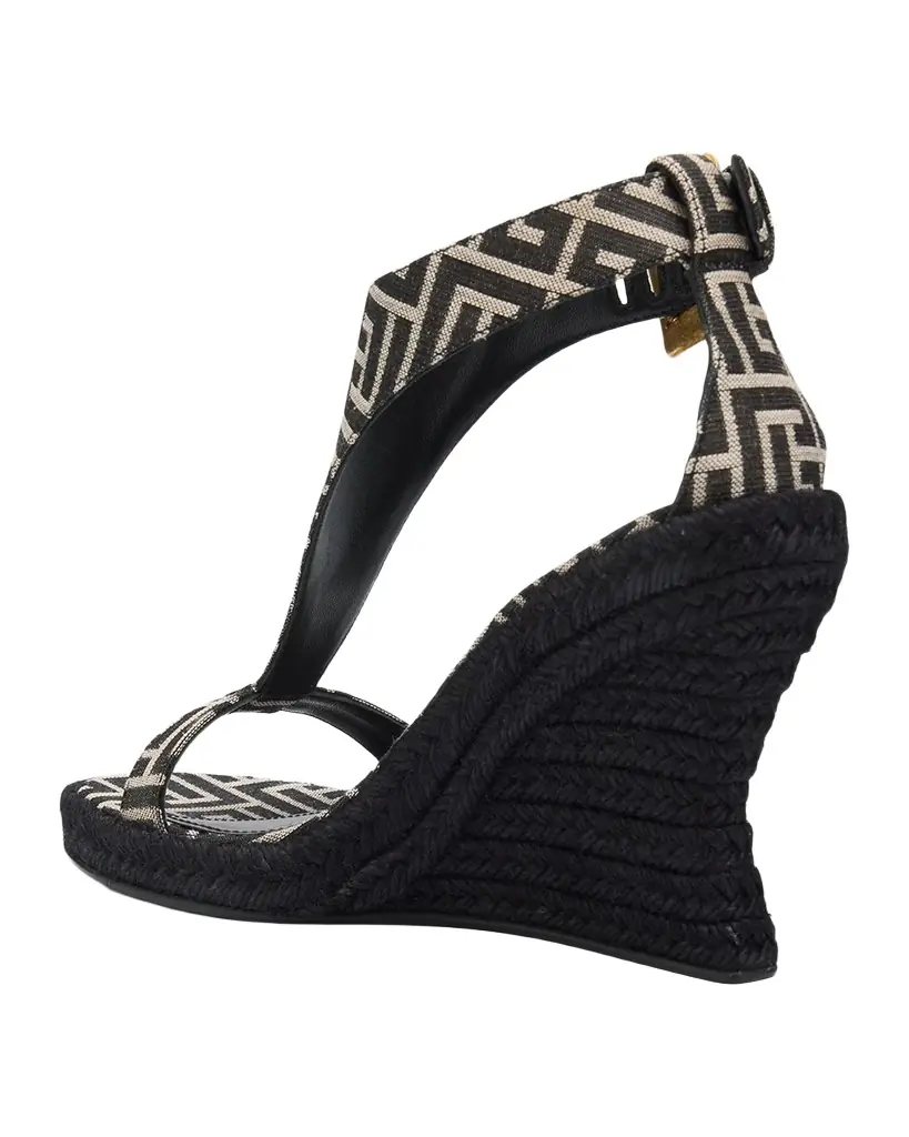 Balmain 85mm Monogram Canvas Espadrille Wedge Sandals