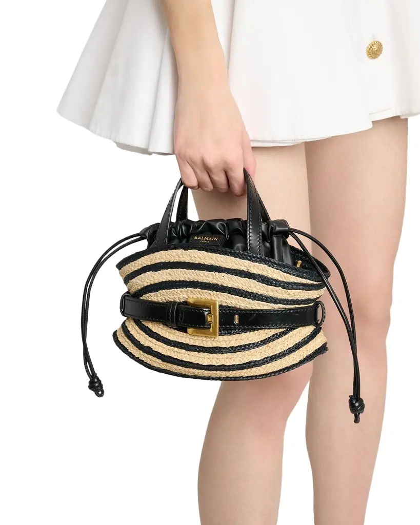 Balmain Shuffle Mini Striped Raffia Top-Handle Bag
