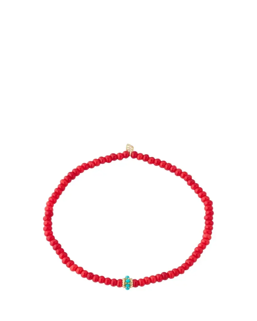Sydney Evan Gold and Turquoise Scallop Rondelle on Red Bamboo Coral Bracelet