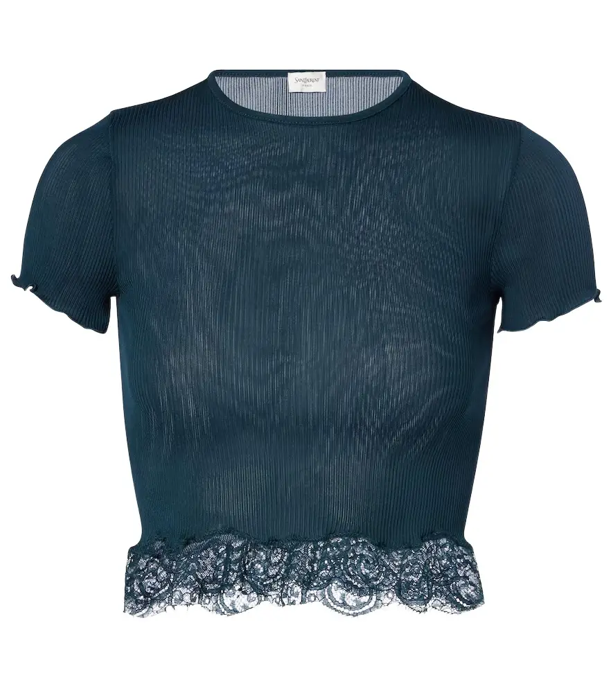 Saint Laurent Lace-trimmed cropped silk T-shirt