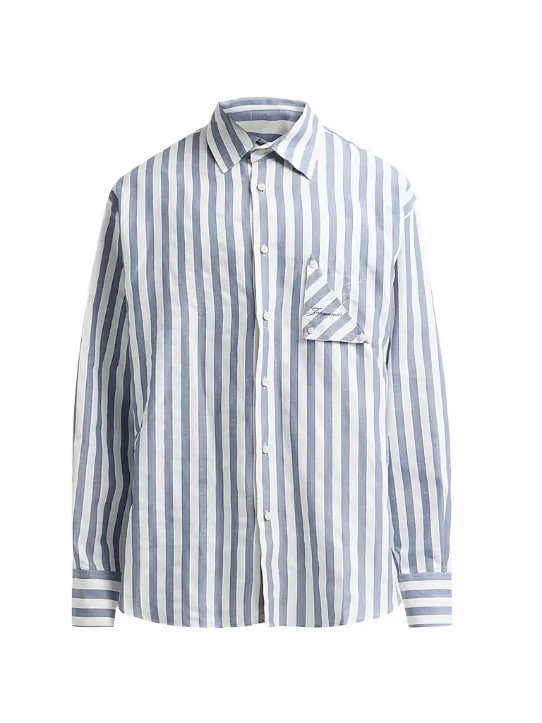 Jacquemus Men's Voilier Striped Cotton-Linen Shirt - Jacquard Stripes Blue