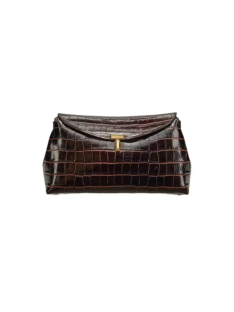Toteme Women's T-Lock Crocodile-Embossed Leather Clutch - Dark Brown