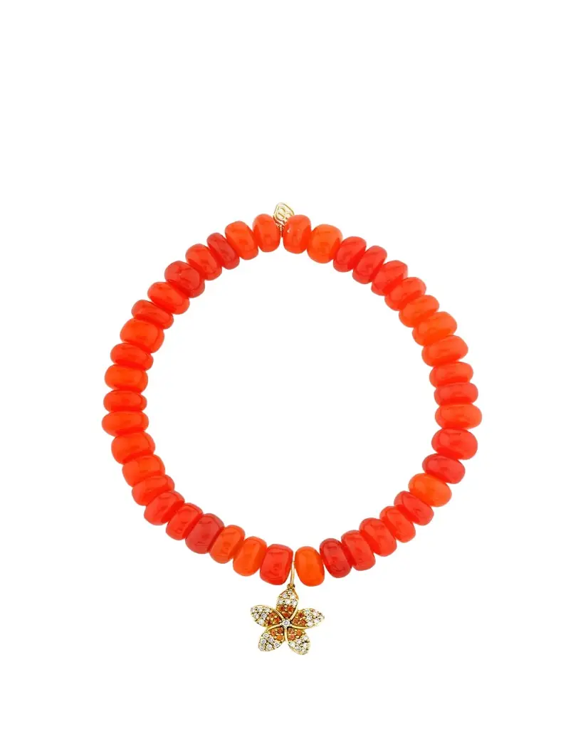Sydney Evan 14K Diamond and Sapphire Plumeria on Orange Opal Bracelet