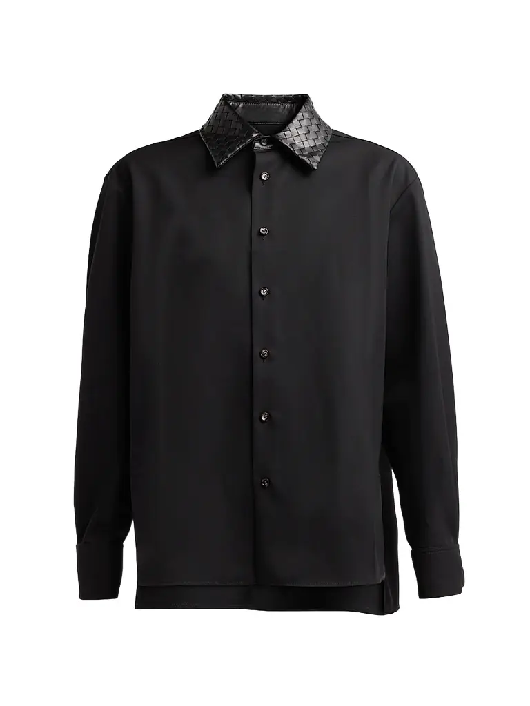 Bottega Veneta Women's Intrecciato Leather Collar Wool Shirt - Double Black - Women's Clothing