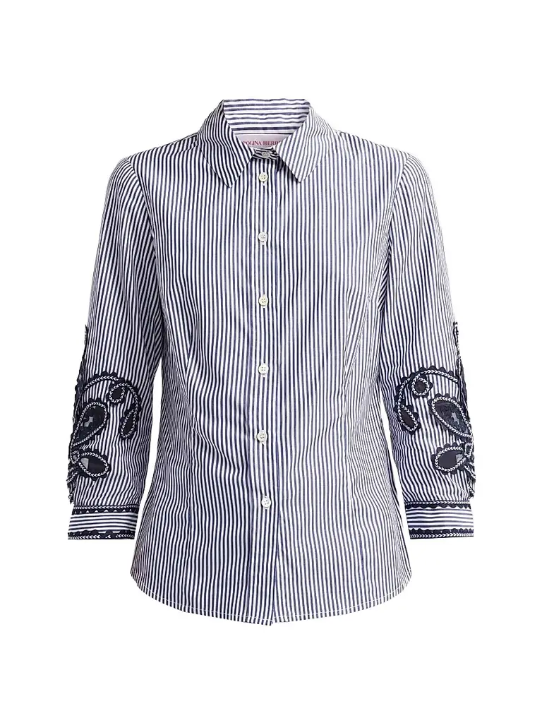 Carolina Herrera Women's Ana Cotton Floral-Embroidered Stripe Shirt - White Blue