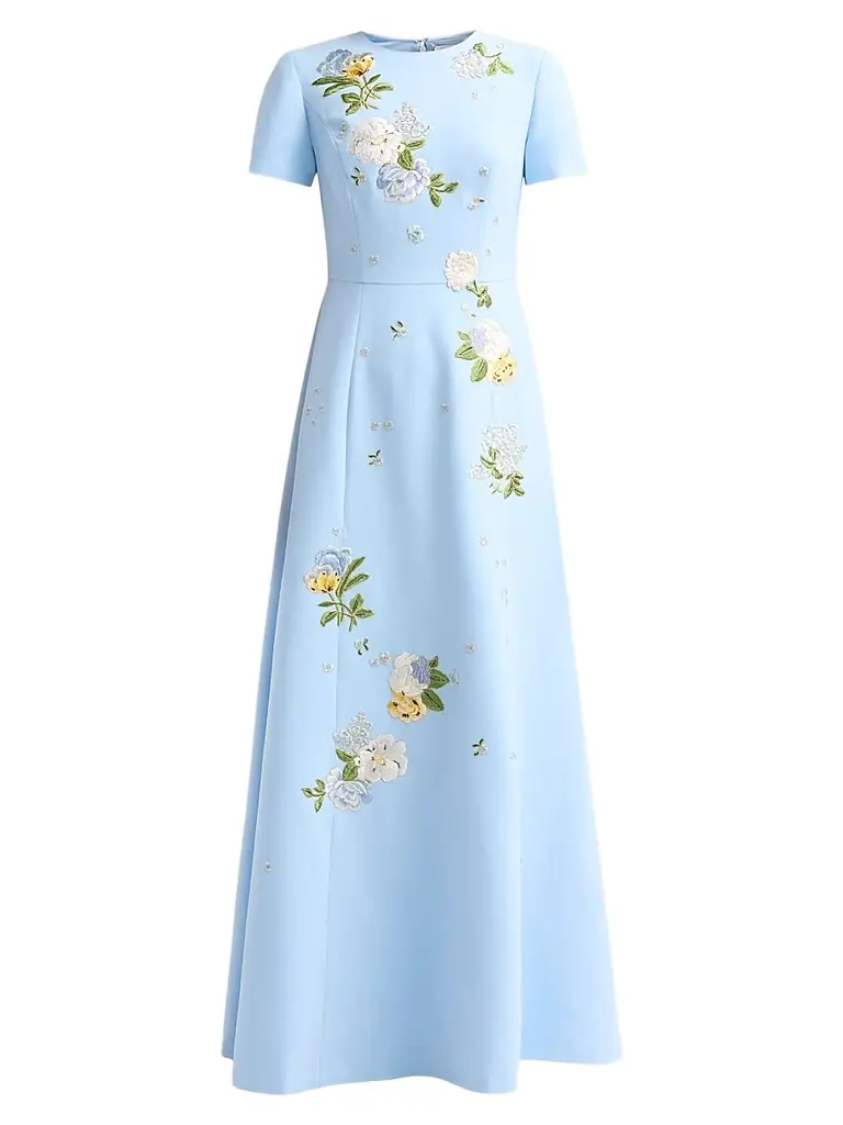 Carolina Herrera Women's Floral Embroidered Short-Sleeve Gown - Cloudy Blue