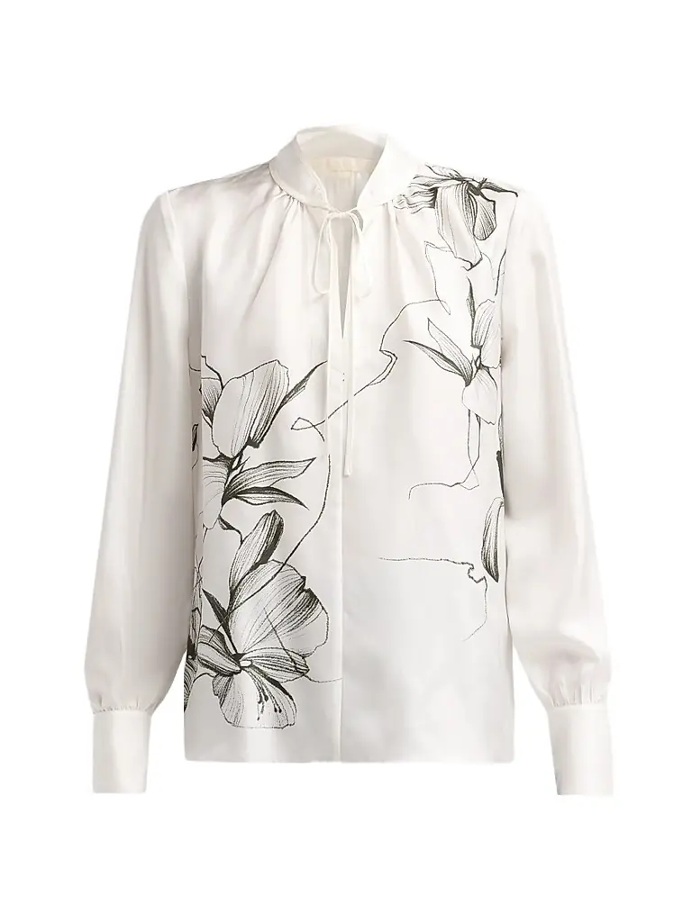 Jason Wu Women's Shadow Floral Silk Twill Tieneck Blouse - Chalk Hunter Green Multi - Women's Clothing