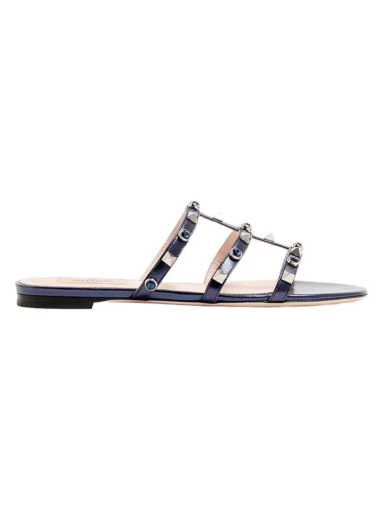 Valentino Garavani Women's Rockstud Slide Sandals in Laminated Nappa with Cabochon - Navy - Women's Clothing