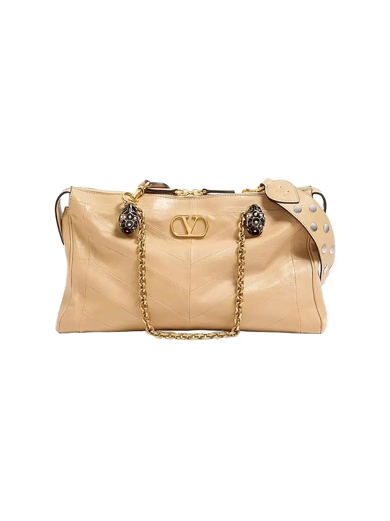 Valentino Garavani Women's Panthea Shoulder Bag in Nappa Leather with Chevron Pattern - Gold Beige