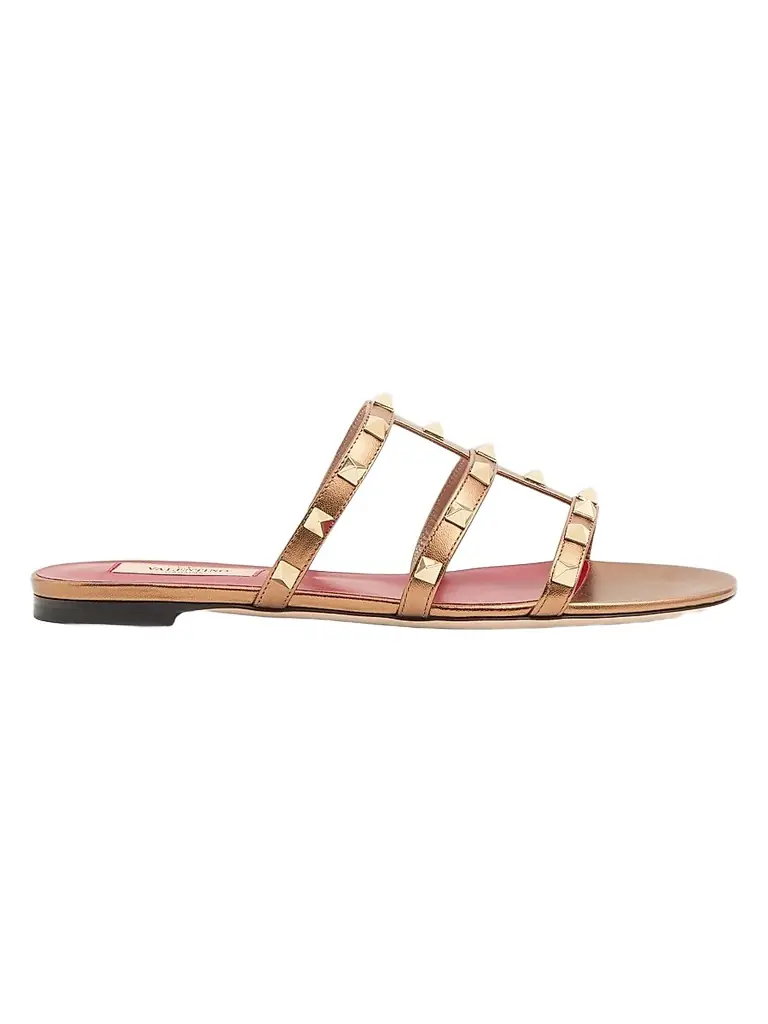 Valentino Garavani Women's Rockstud Laminated Nappa Slide Sandals - Gold - Women's Clothing