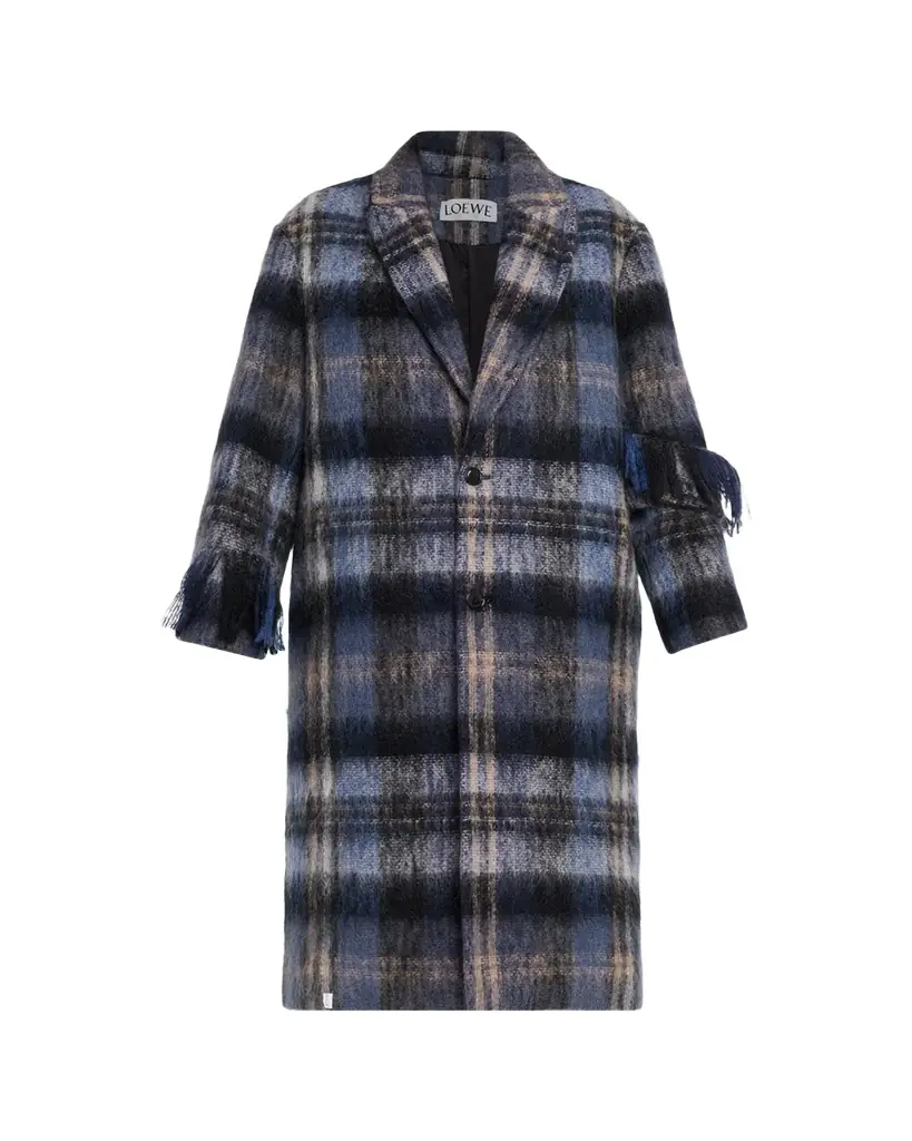 Loewe Single-Breasted Plaid Wool Fringe Long Coat