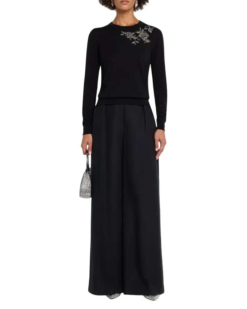 Carolina Herrera Flower Beaded Silk-Cotton Crewneck Sweater