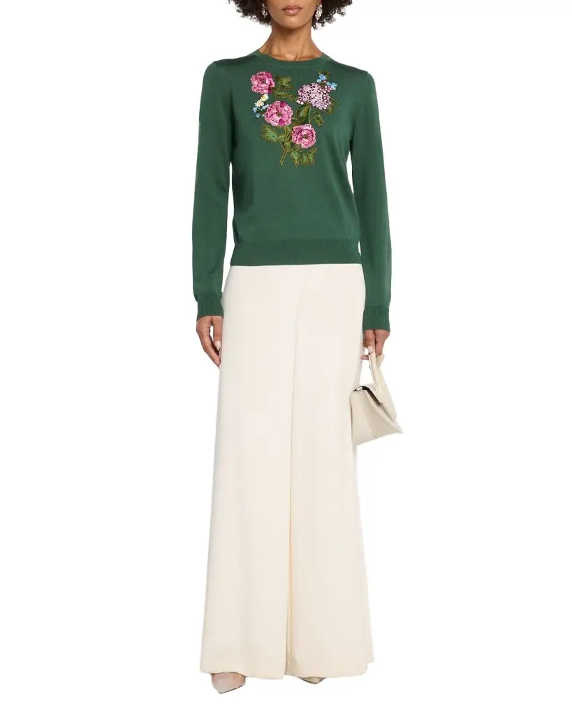 Carolina Herrera Floral Embroidered Silk-Cotton Crewneck Sweater