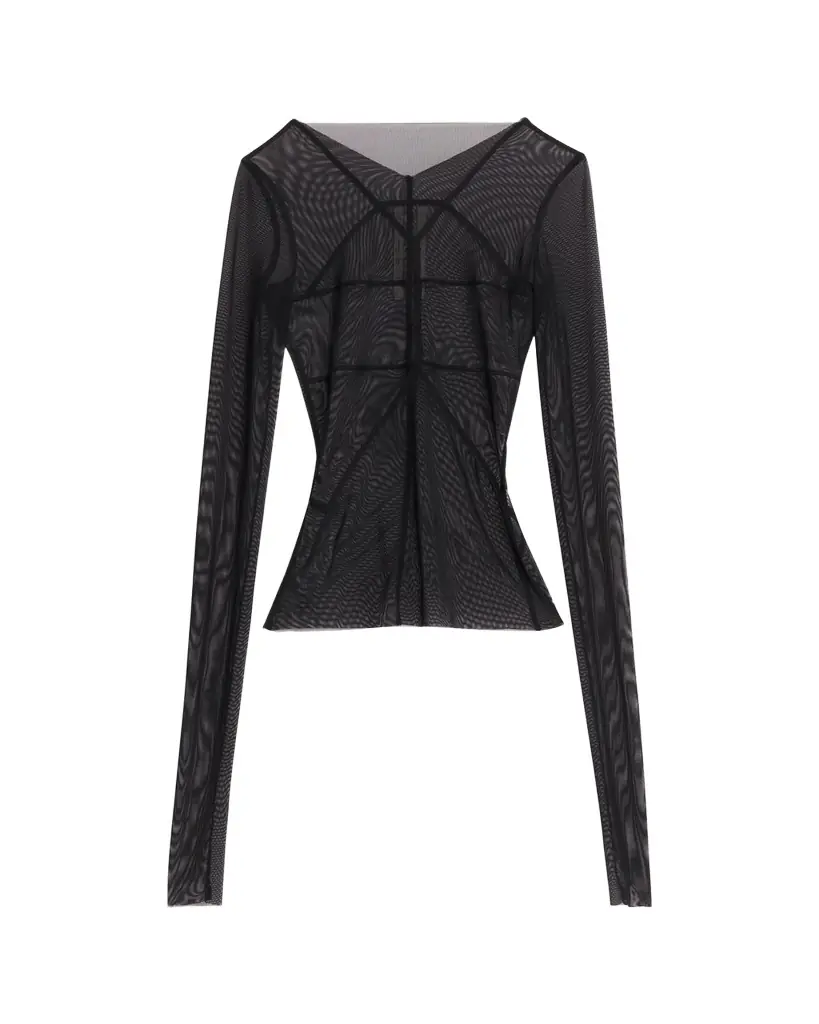 Rick Owens Temple Seamed Mesh Long-Sleeve Top