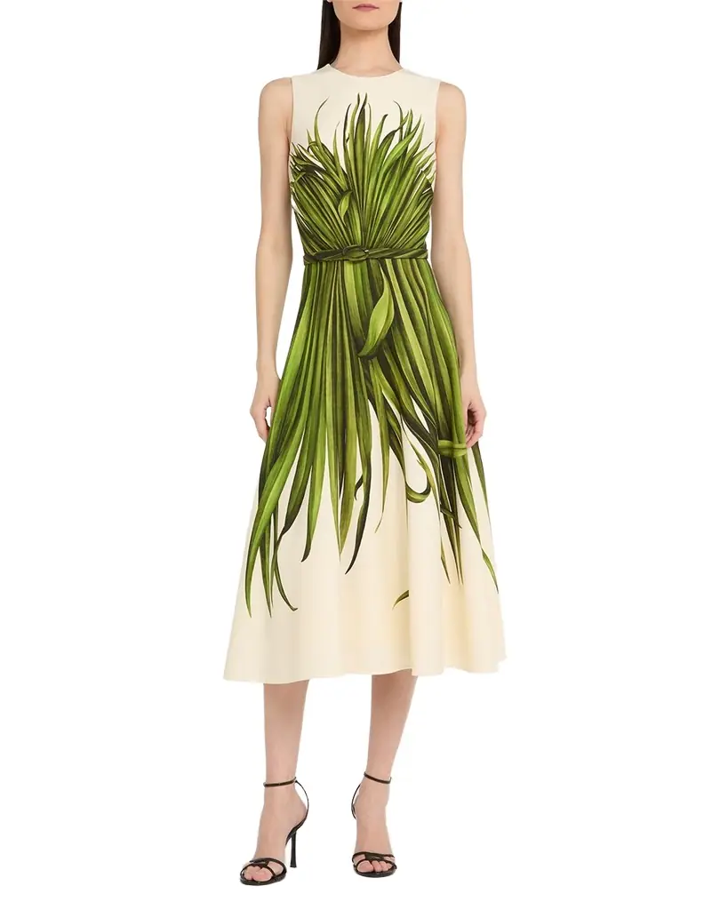 Oscar de la Renta Belted Palm Leaf-Print Midi Dress