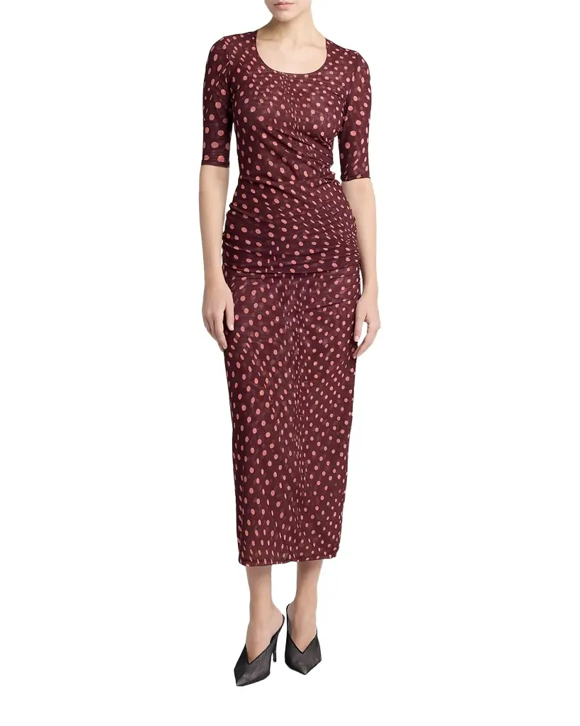 Stella McCartney Polka Dot Mesh Ruched Midi Skirt