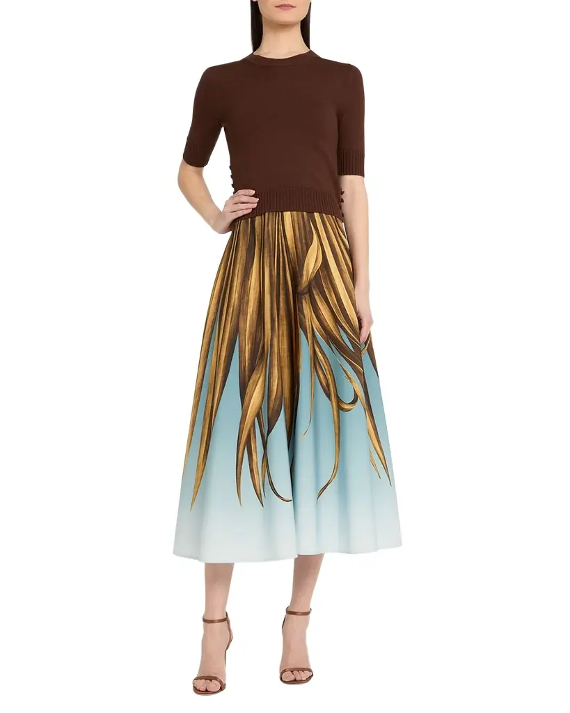 Oscar de la Renta Palm Print A-Line Midi Skirt